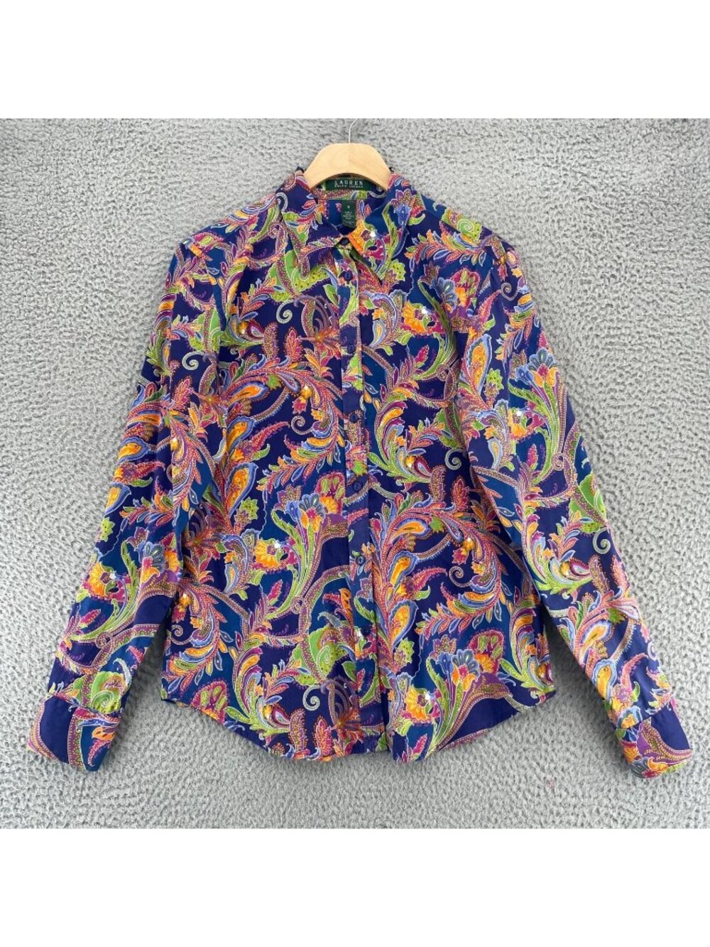 Lauren Ralph Lauren Shirt Womens Medium Blue Multi Paisley Cotton Button Up Top*